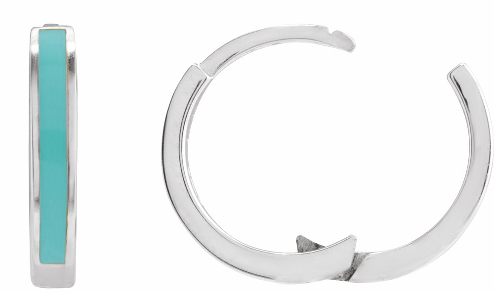 14K White Turquoise Enamel Hinged 12.1 mm Hoop Earrings