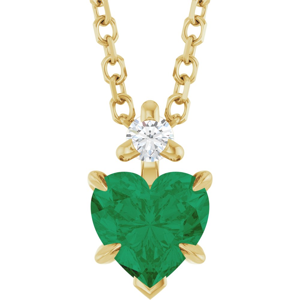 14K Yellow Gold Lab-Grown Emerald & .03 CT Natural Diamond 16-18" Necklace