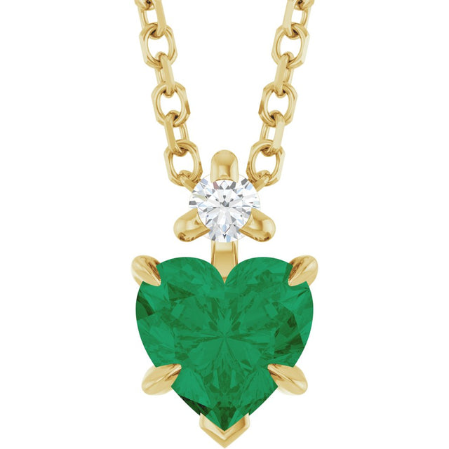 14K Yellow Gold Lab-Grown Emerald & .03 CT Natural Diamond 16-18" Necklace