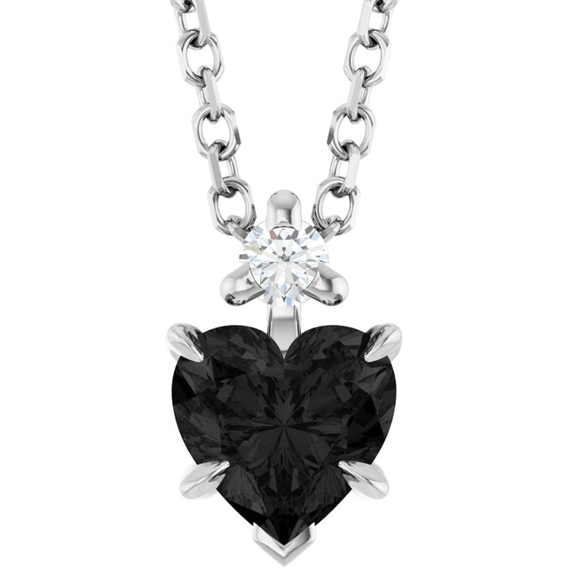14K White Gold Natural Black Onyx & .03 CT Natural Diamond 16-18" Necklace