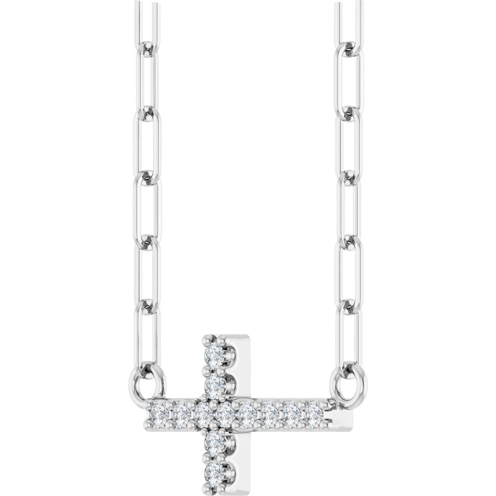 Sterling Silver .05 CTW Natural Diamond Sideways Cross 18" Necklace