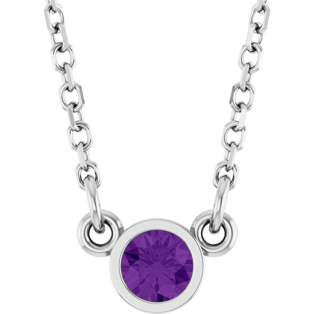 Rhodium-Plated Sterling Silver Natural Amethyst Solitaire 16" Necklace 