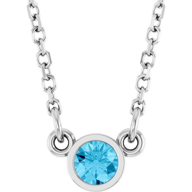 Rhodium-Plated Sterling Silver Natural Aquamarine Solitaire 16" Necklace 