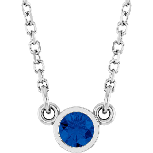 Rhodium-Plated Sterling Silver Imitation Blue Sapphire Solitaire 16" Necklace 