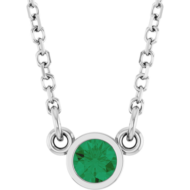 14K White Gold Lab-Grown Emerald Solitaire 16" Necklace 