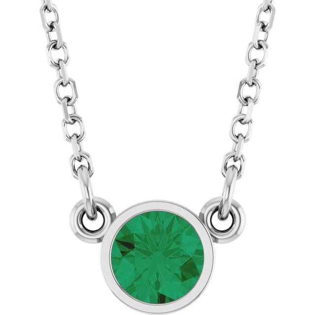 Rhodium-Plated Sterling Silver Lab-Grown Emerald Solitaire 16" Necklace 