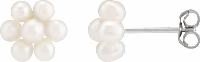 14K White Gold Cultured White Freshwater Pearl Flower Earrings