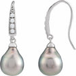 Rhodium-Plated Sterling Silver Cultured Gray Tahitian Pearl & Imitation White Cubic Zirconia Earrings