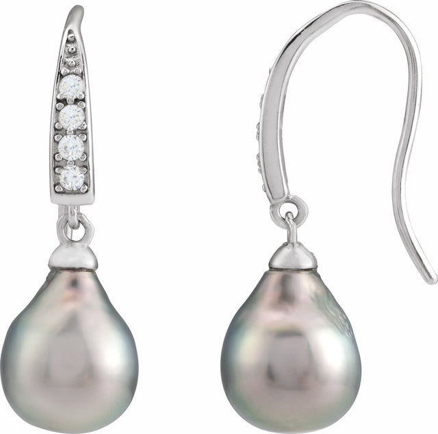 Rhodium-Plated Sterling Silver Cultured Gray Tahitian Pearl & Imitation White Cubic Zirconia Earrings