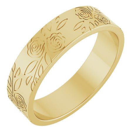 14K Yellow Gold 5 mm Floral Flat Band Size 4.5