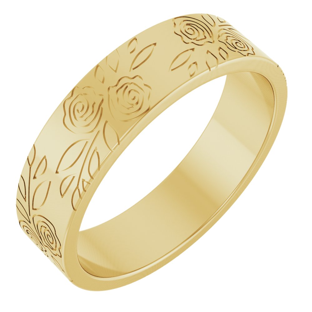 14K Yellow Gold 5 mm Floral Flat Band Size 4.5