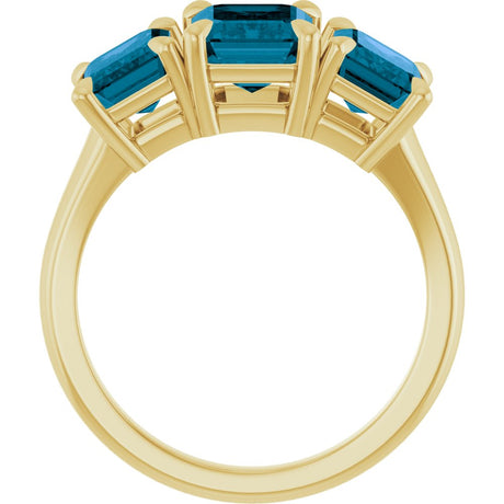 14K Yellow Gold 8x6 mm Emerald Natural London Blue Topaz Three-Stone Ring
