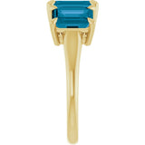 14K Yellow Gold 8x6 mm Emerald Natural London Blue Topaz Three-Stone Ring