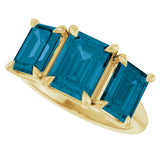 14K Yellow Gold 8x6 mm Emerald Natural London Blue Topaz Three-Stone Ring