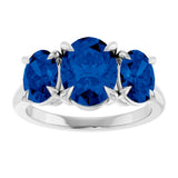 14K White Gold 8x6 mm Oval Lab-Grown Blue Sapphire Three-Stone Ring