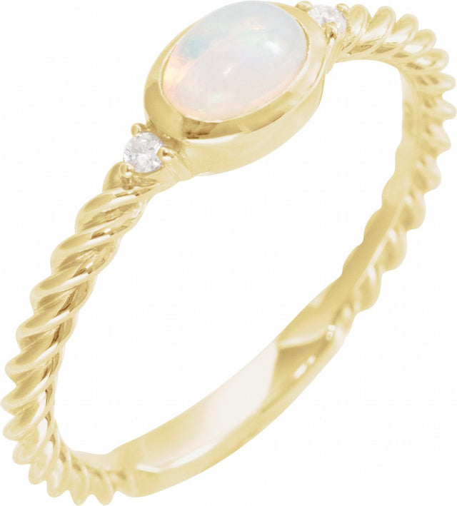 14K Yellow Gold Natural White Opal & .03 CTW Natural Diamond Cabochon Ring