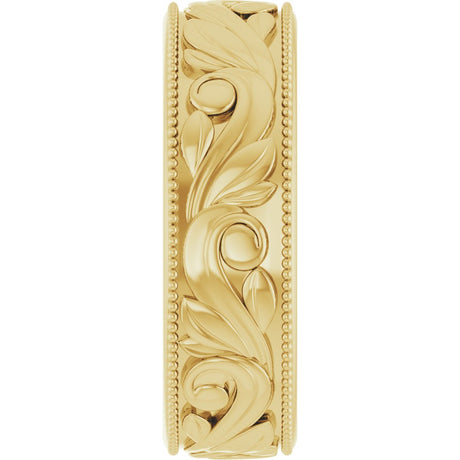 14K Yellow Gold 6 mm Milgrain Edge Floral Flat Band Size 8