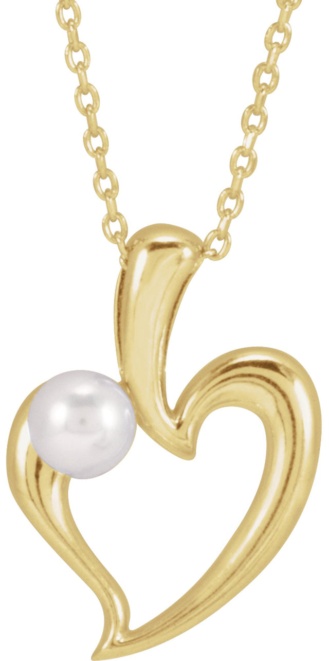 14K Yellow Cultured White Akoya Pearl Heart 16-18" Necklace