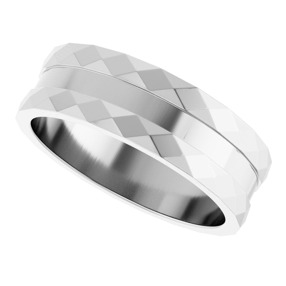 14K White Gold 6 mm Geometric Faceted Grooved Flat Band Size 9