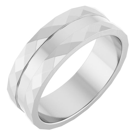 14K White Gold 6 mm Geometric Faceted Grooved Flat Band Size 9