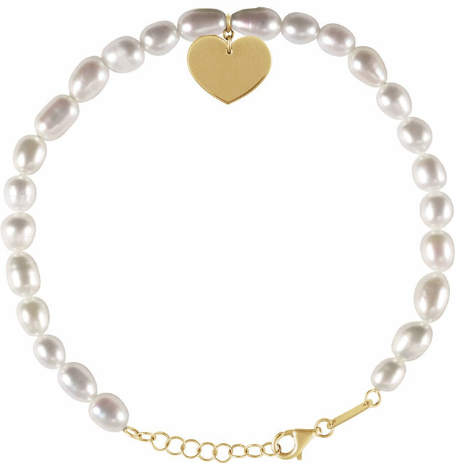 14K Yellow Cultured White Freshwater Pearl & Heart 7-8" Bracelet