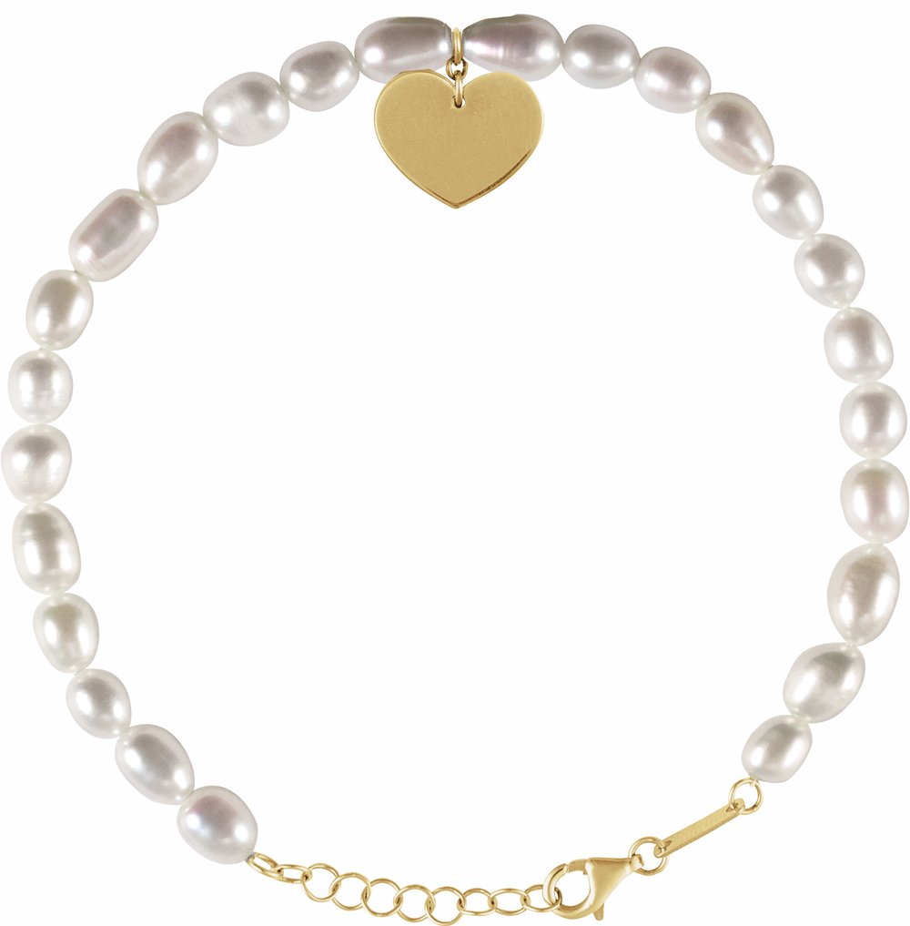 14K Yellow Cultured White Freshwater Pearl & Heart 7-8" Bracelet