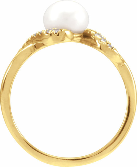 14K Yellow Cultured White Freshwater Pearl & 1/8 CTW Natural Diamond Ring