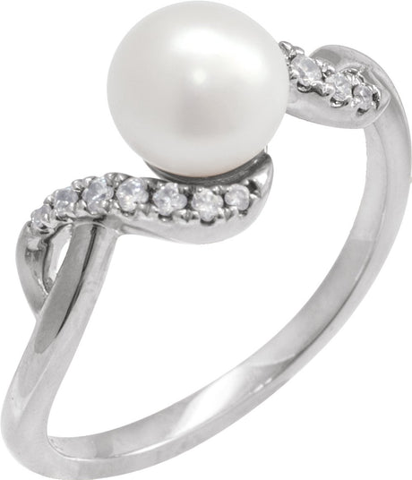 14K White Cultured White Freshwater Pearl & 1/8 CTW Natural Diamond Ring