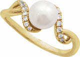 14K Yellow Cultured White Freshwater Pearl & 1/8 CTW Natural Diamond Ring