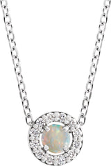 14K White Gold Cabochon Natural White Opal & .06 CTW Natural Diamond Halo-Style 16-18" Necklace