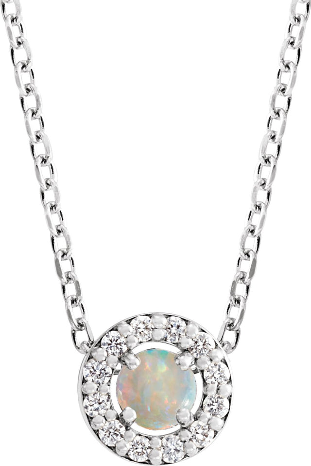 14K White Gold Cabochon Natural White Opal & .06 CTW Natural Diamond Halo-Style 16-18" Necklace