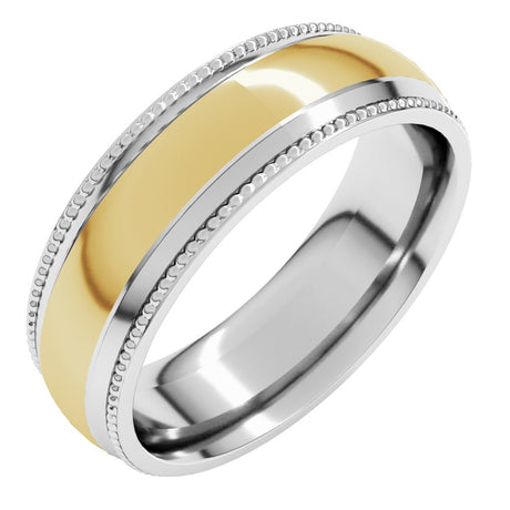14K White/Yellow 7 mm Half Round Milgrain Comfort-Fit Band 