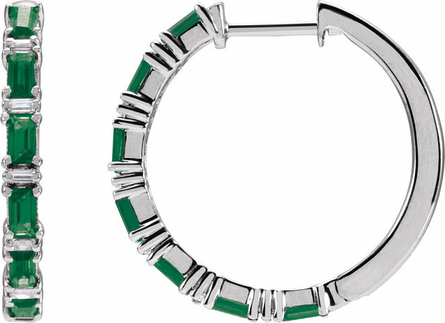 14K White Gold Natural Emerald & 1 1/4 CTW Natural Diamond Hoop Earrings