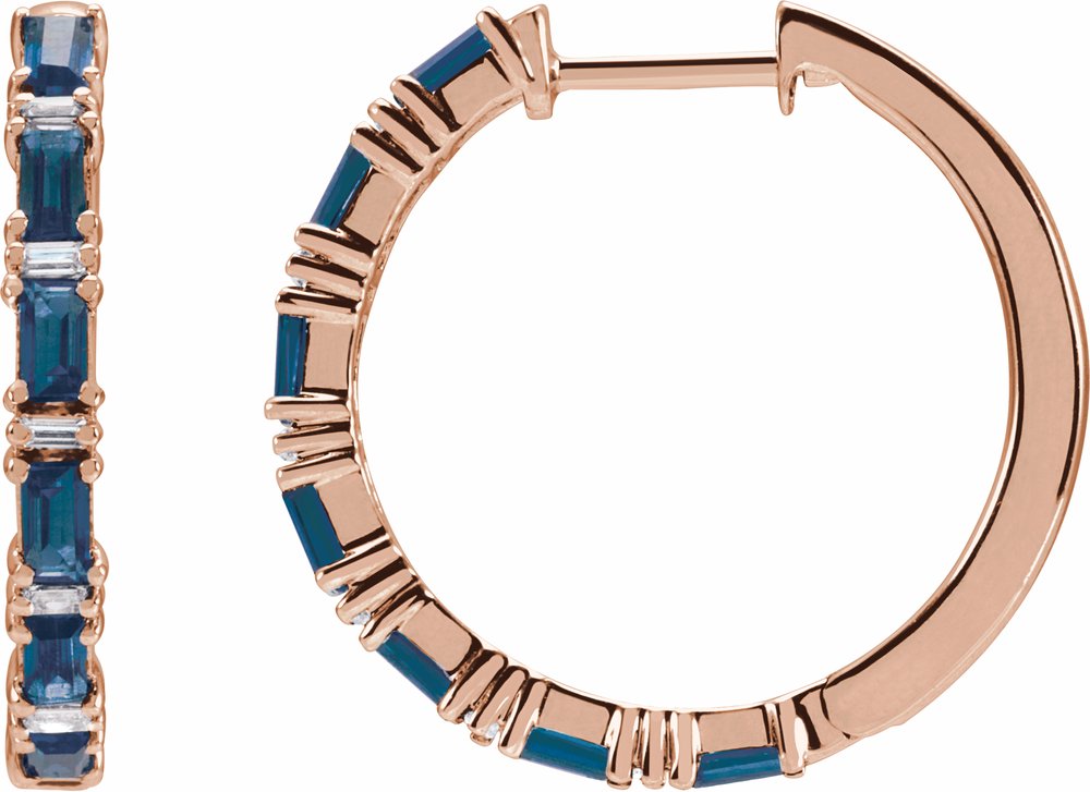 14K Rose Natural Blue Sapphire & 1 1/4 CTW Natural Diamond Hoop Earrings