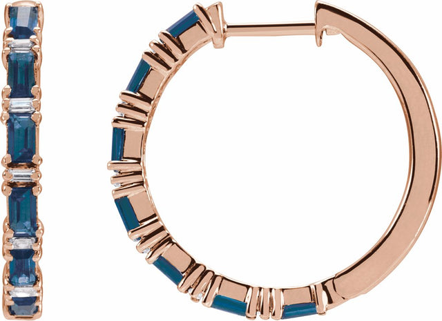 14K Rose Natural Blue Sapphire & 1 1/4 CTW Natural Diamond Hoop Earrings