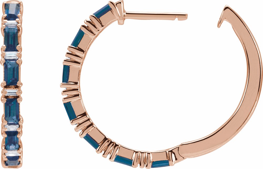 14K Rose Natural Blue Sapphire & 1 1/4 CTW Natural Diamond Hoop Earrings