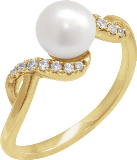 14K Yellow Cultured White Freshwater Pearl & 1/8 CTW Natural Diamond Ring