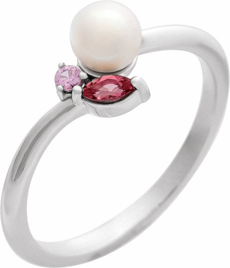 14K White Cultured White Akoya Pearl, Natural Pink Tourmaline & Natural Pink Sapphire Ring