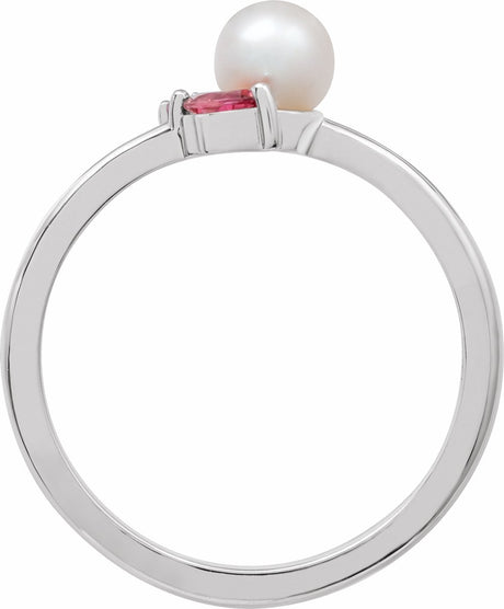 14K White Cultured White Akoya Pearl, Natural Pink Tourmaline & Natural Pink Sapphire Ring