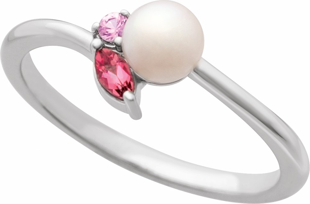14K White Cultured White Akoya Pearl, Natural Pink Tourmaline & Natural Pink Sapphire Ring