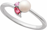 14K White Cultured White Akoya Pearl, Natural Pink Tourmaline & Natural Pink Sapphire Ring