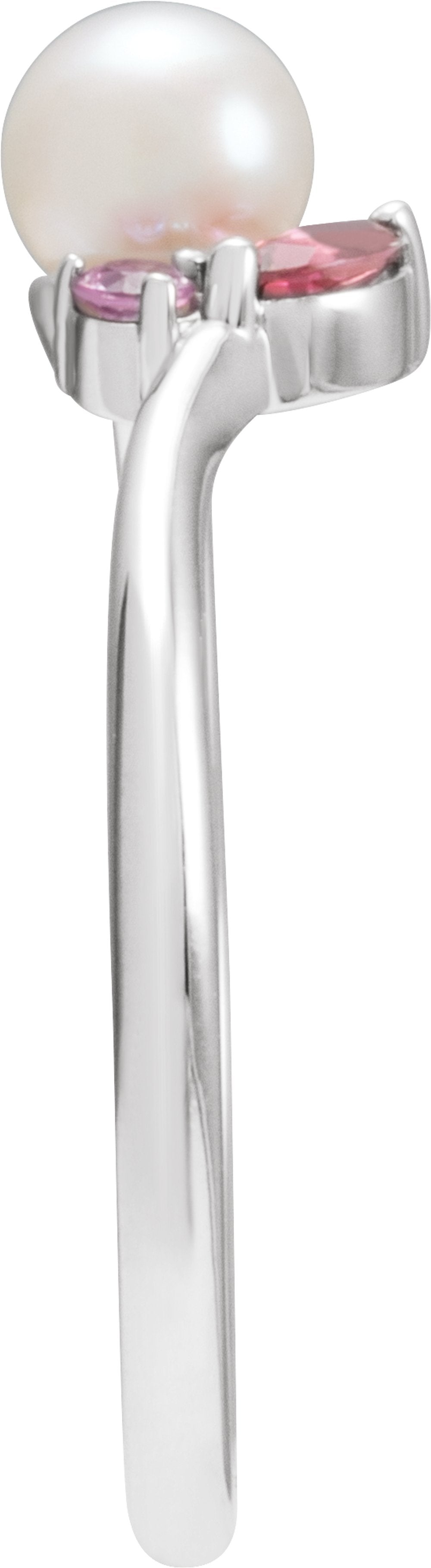 14K White Cultured White Akoya Pearl, Natural Pink Tourmaline & Natural Pink Sapphire Ring