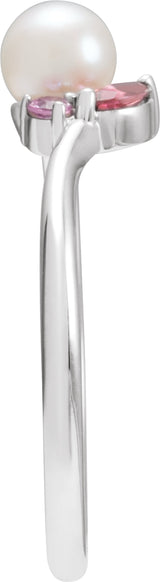 14K White Cultured White Akoya Pearl, Natural Pink Tourmaline & Natural Pink Sapphire Ring