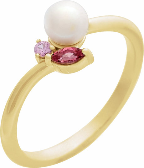 14K Yellow Cultured White Akoya Pearl, Natural Pink Tourmaline & Natural Pink Sapphire Ring