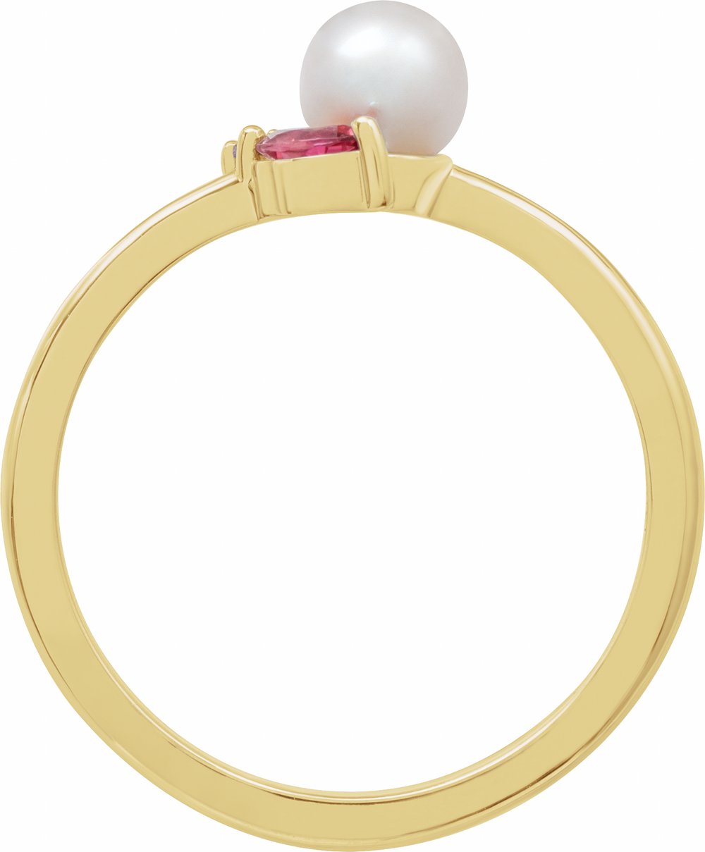 14K Yellow Cultured White Akoya Pearl, Natural Pink Tourmaline & Natural Pink Sapphire Ring