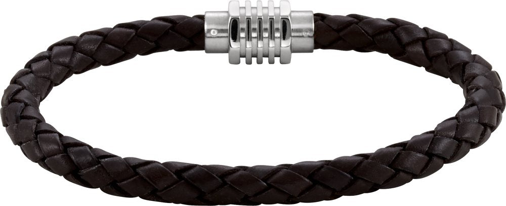 Stainless Steel & 6 mm Dark Brown Braided Leather 8 1/2" Bracelet