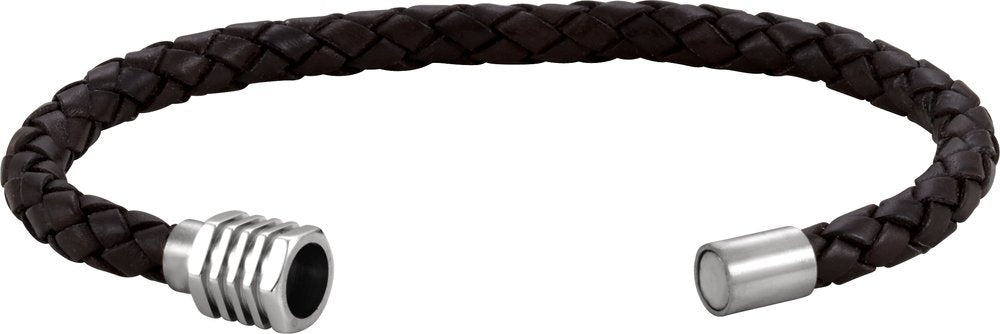 Stainless Steel & 6 mm Dark Brown Braided Leather 8 1/2" Bracelet