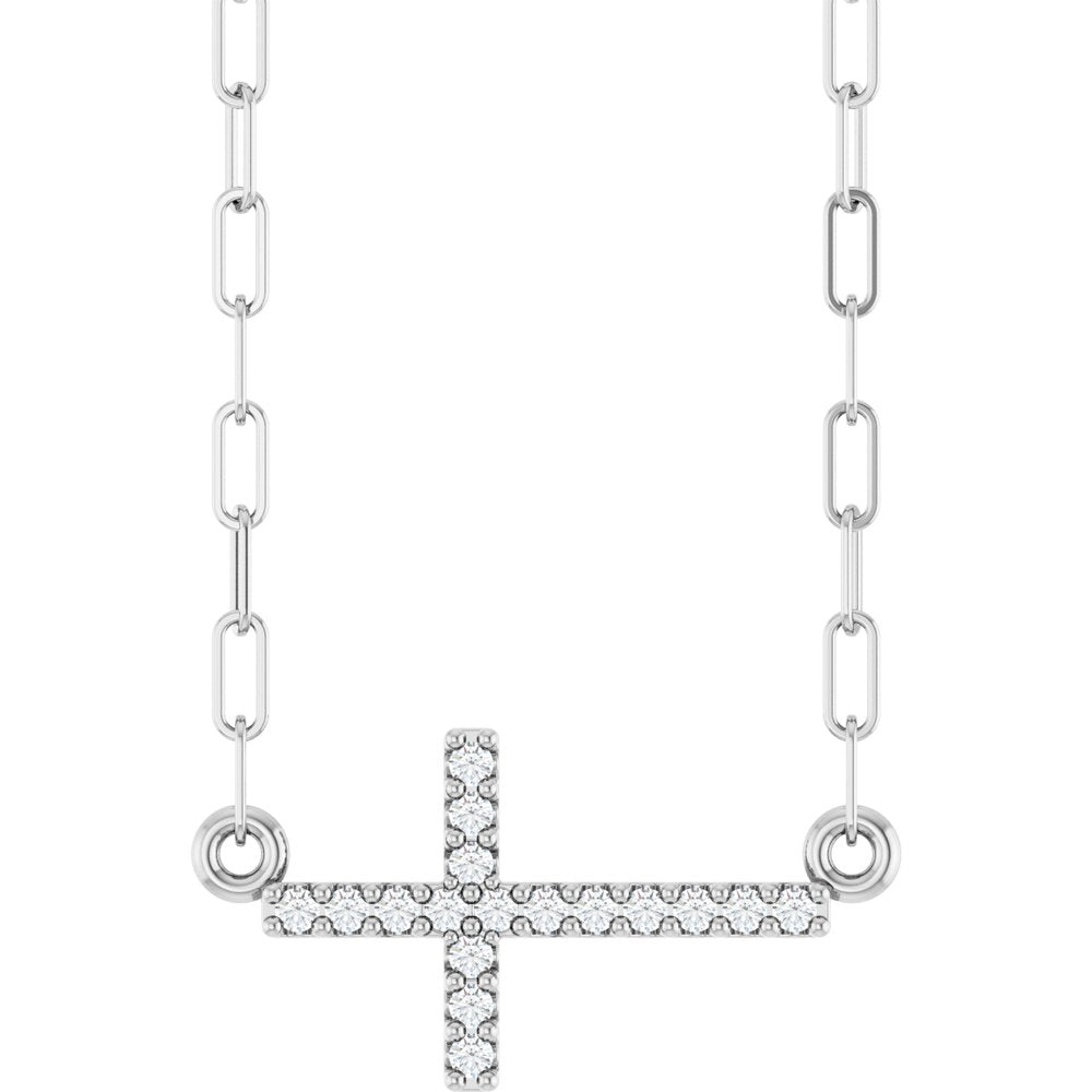 Sterling Silver .06 CTW Natural Diamond Sideways Cross 18" Necklace