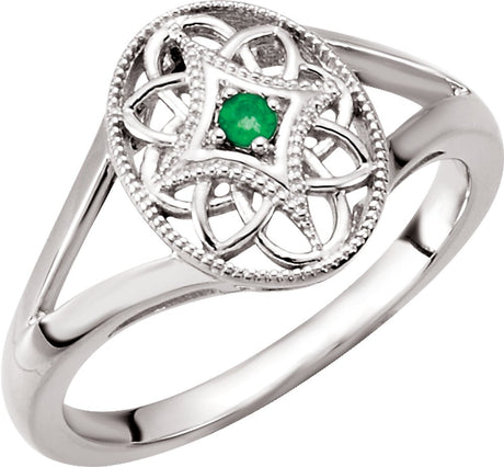 Sterling Silver Natural Emerald Granulated Filigree Ring