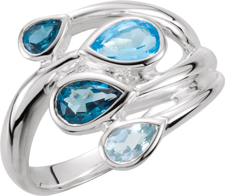 Sterling Silver Natural Sky Blue, Natural London Blue & Natural Swiss BlueTopaz Bypass Ring